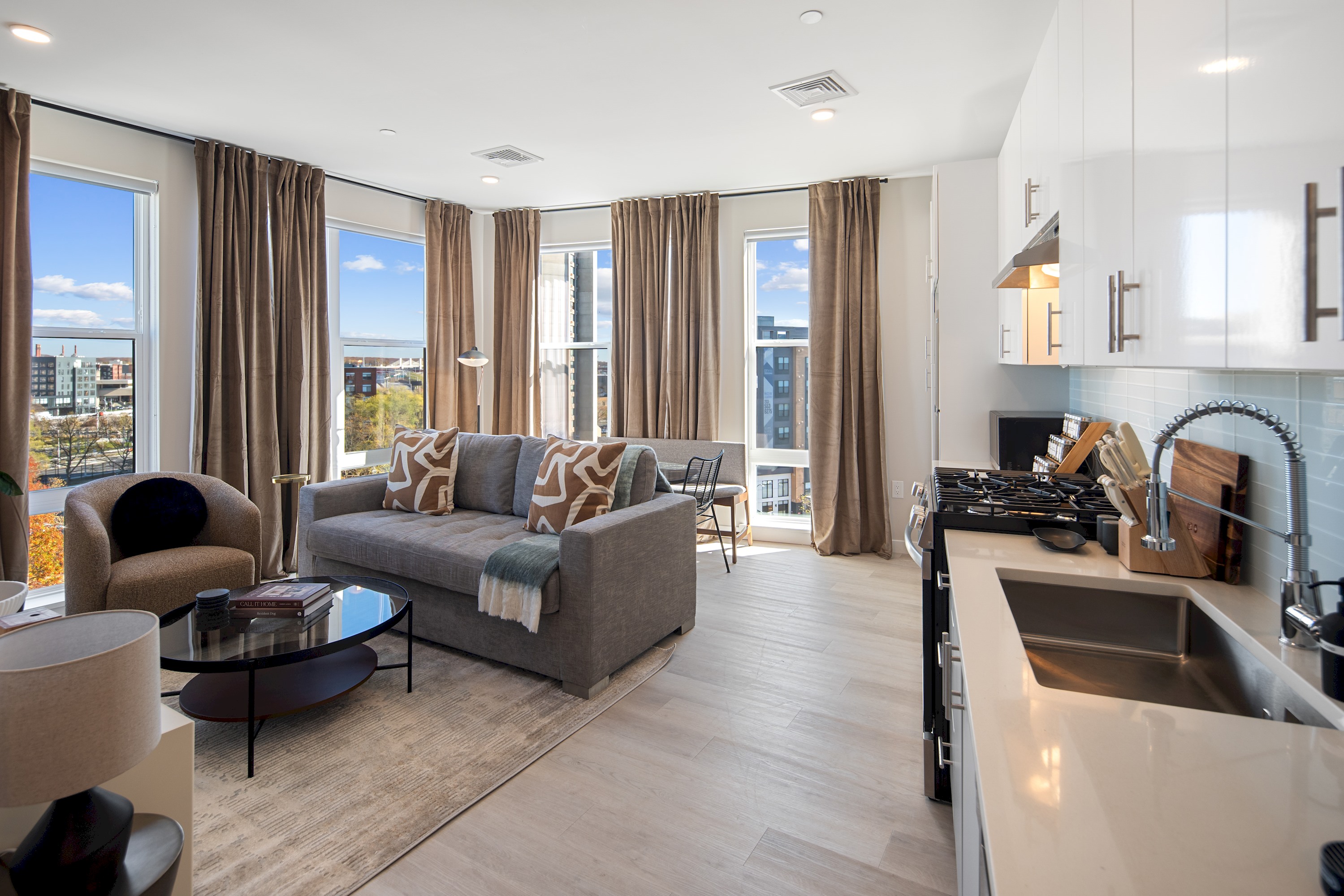 Furnished interior at The Mason apartment stay in New Haven